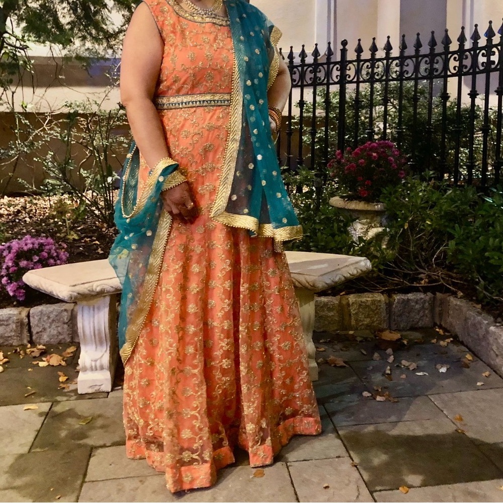 EUC Elegant Peach and gold Embroidered Desi gown